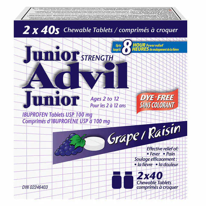 Advil Junior Strength, Grape (Dye Free) - 2 x 40 Chewable Tablets